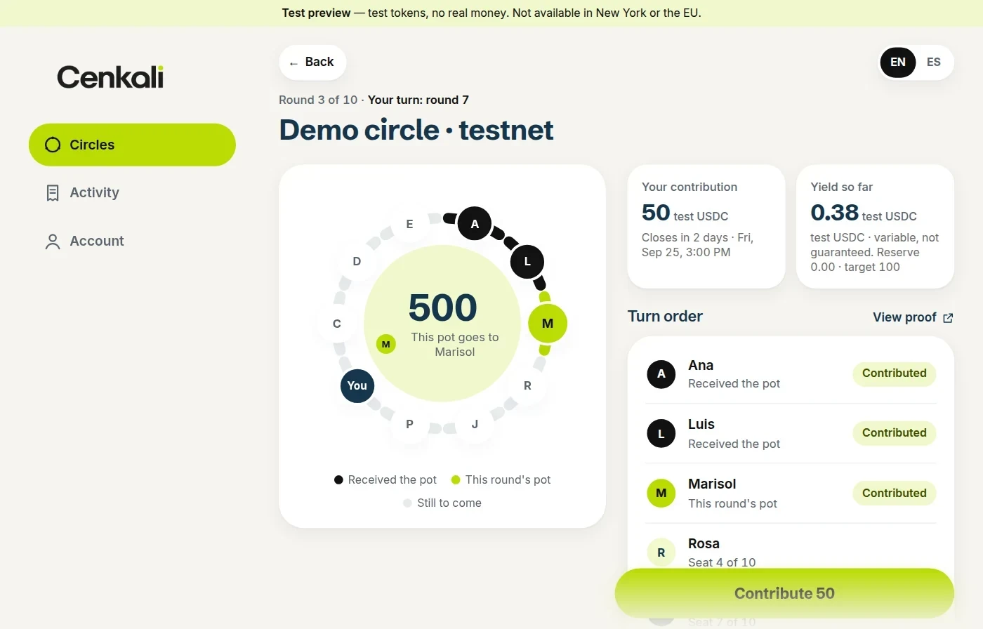 Vista previa de testnet de Cenkali: un círculo de prueba en la ronda 3 de 10 con un pozo de 500 USDC de prueba