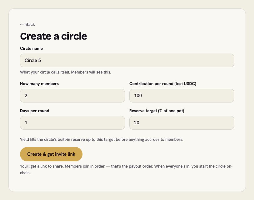 Cenkali app screen for creating a circle: name, members, contribution per round, days per round, and reserve target