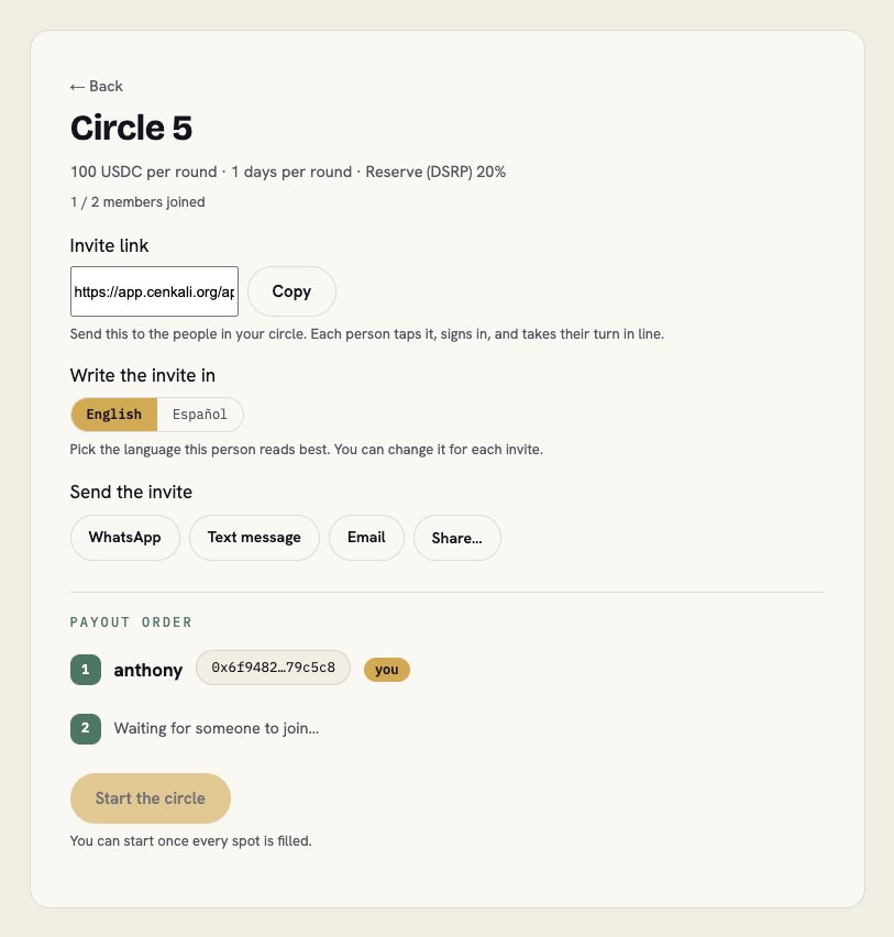 Cenkali app screen showing the invite link, bilingual invite options, and the circle's payout order