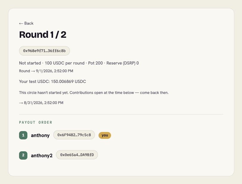 Cenkali app screen of a live pool: round number, pot size, reserve, balances, and payout order